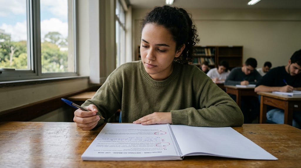 Menina em sala de aula realizando avaliação 