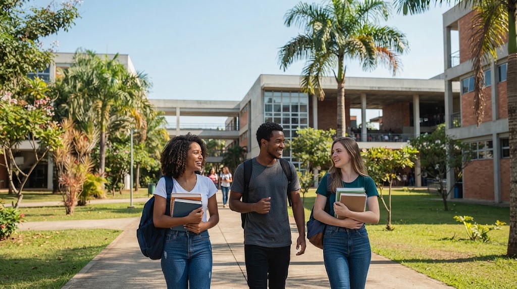 Fotografia editorial realista de um campus universitário brasileiro moderno. Ao fundo, prédios acadêmicos com arquitetura contemporânea. Em primeiro plano, três estudantes jovens caminham juntos, carregando mochilas e livros, com expressões de determinação e entusiasmo. Árvores e áreas verdes ao redor. Iluminação natural de dia ensolarado. Perspectiva em plano geral. Estética cinematográfica, cores naturais e vibrantes. Proporção 16:9. Sem textos, sem logotipos, sem marcas d'água. Nível de realismo alto