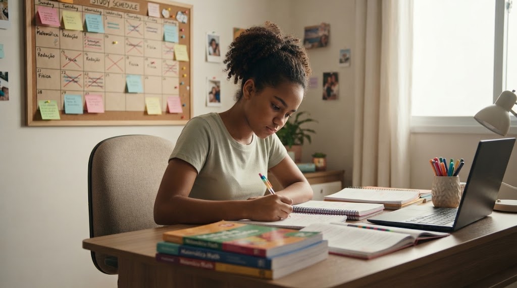 Fotografia editorial realista de um estudante brasileiro adolescente, com cerca de 16 a 18 anos, sentado em uma mesa de estudo em casa. Ela está resolvendo exercícios de matemática em um caderno, com uma calculadora e livros ao lado. Sua expressão é de concentração e satisfação. A iluminação é natural, vinda de uma janela à esquerda, criando um clima acolhedor e inspirador. O ambiente é simples mas organizado, com uma parede clara ao fundo. Perspectiva em plano médio. Estética cinematográfica, cores quentes e naturais. Proporção 16:9. Sem textos, sem logotipos, sem marcas d'água. Estilo fotográfico profissional, nível de realismo alto.