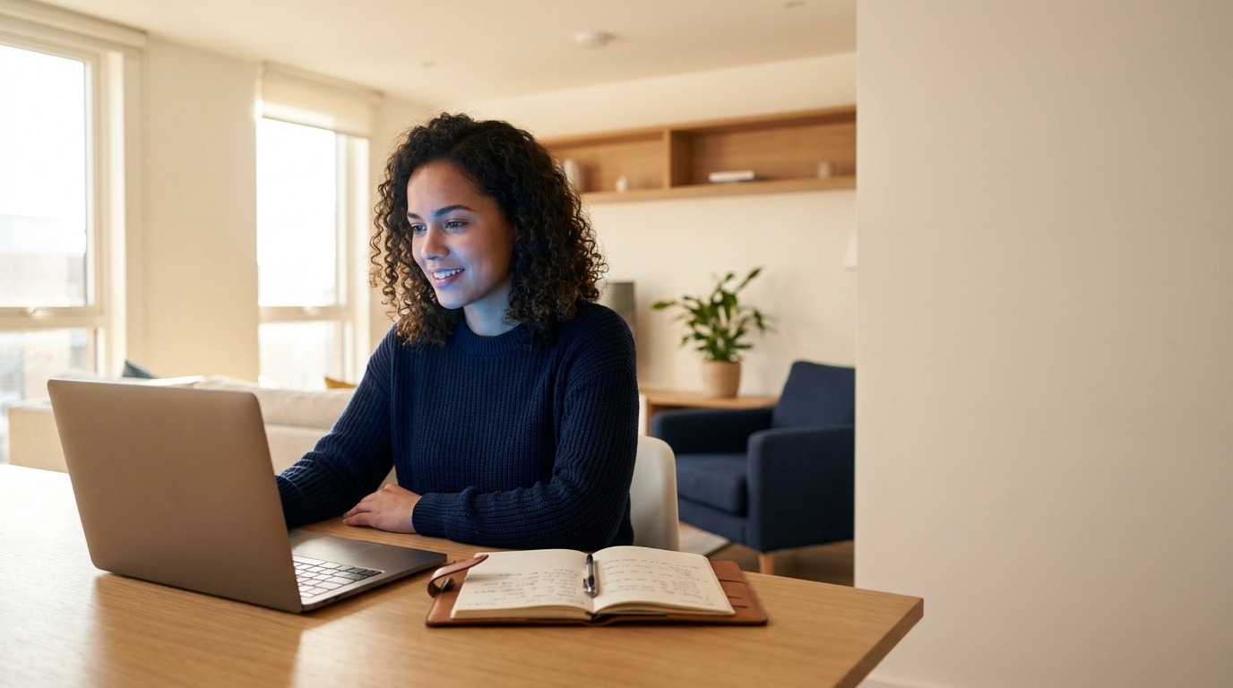 Uma mulher negra de cabelos cacheados, vestindo um suéter azul marinho, está sentada em uma mesa de madeira clara, sorrindo enquanto olha para a tela de um laptop. Em frente a ela, há um caderno aberto com anotações e uma caneta. Ao fundo, a luz natural de uma janela ilumina uma sala de estar com sofás e estantes.