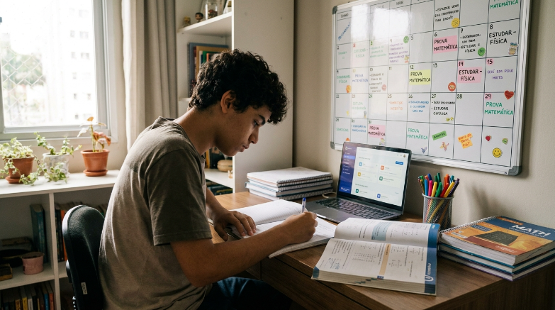 Um jovem está sentado à mesa em seu quarto, escrevendo em um caderno aberto enquanto estuda. À sua frente há um laptop, livros e, na parede ao fundo, um grande painel organizador com post-its e calendário.
