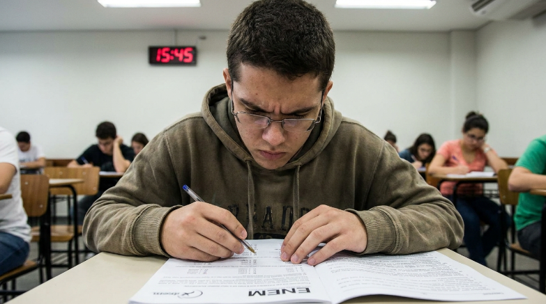 Um jovem de óculos e moletom com capuz marrom está sentado em uma sala de aula, concentrado enquanto escreve em uma prova do ENEM. Outros alunos aparecem ao fundo e um relógio digital na parede marca 15:45