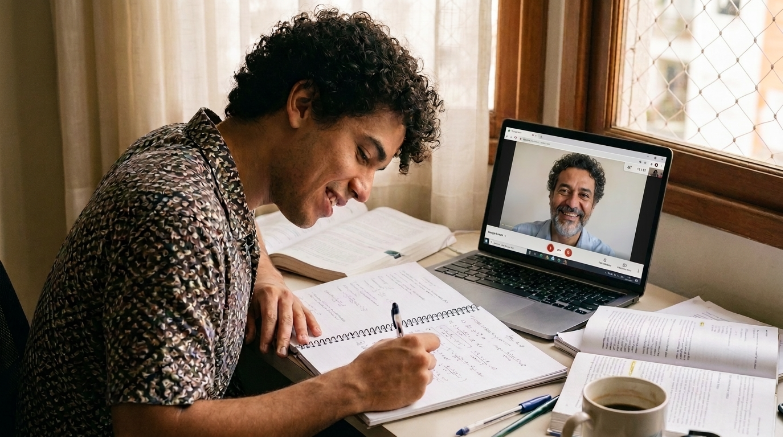 Um jovem de cabelo encaracolado e camisa estampada está sentado a estudar numa secretária de madeira, a escrever num caderno espiral enquanto assiste a uma videochamada num computador portátil, onde aparece outro homem a sorrir