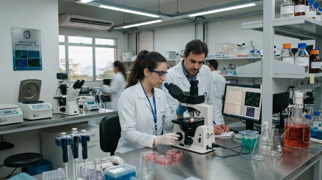 Dois investigadores com batas brancas num laboratório moderno; a mulher, de óculos de proteção, foca-se num microscópio com a ajuda de um colega homem, tendo ao fundo bancadas com equipamento científico e frascos