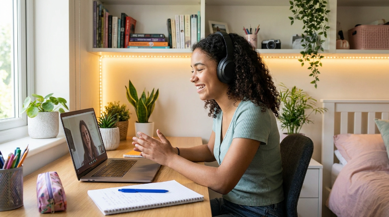 Uma estudante usando fones de ouvido enquanto participa de uma videochamada educacional em seu laptop, gesticulando e acompanhada de material de estudo e plantas