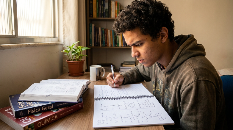 Um jovem focado escrevendo anotações detalhadas em seu caderno, com livros de física geral e química ao lado, em uma mesa de estudos com estante de livros ao fundo