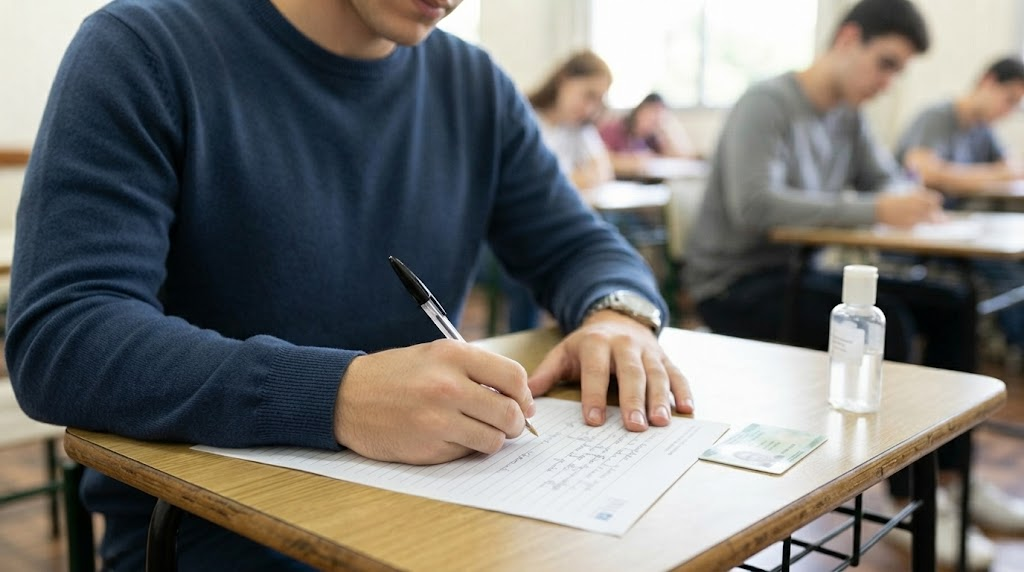 Um estudante jovem com um camisola azul escura está sentado numa carteira de madeira a escrever concentrado numa folha de papel, com um pequeno frasco de gel desinfetante e um cartão de identificação colocados ao lado
