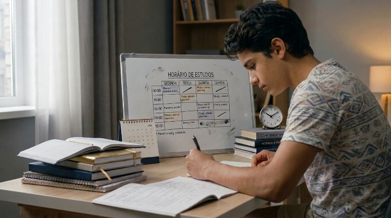 Um rapaz jovem sentado à secretária a escrever num caderno, com um quadro branco ao fundo contendo um plano de estudos semanal, uma pilha de livros e um relógio de mesa