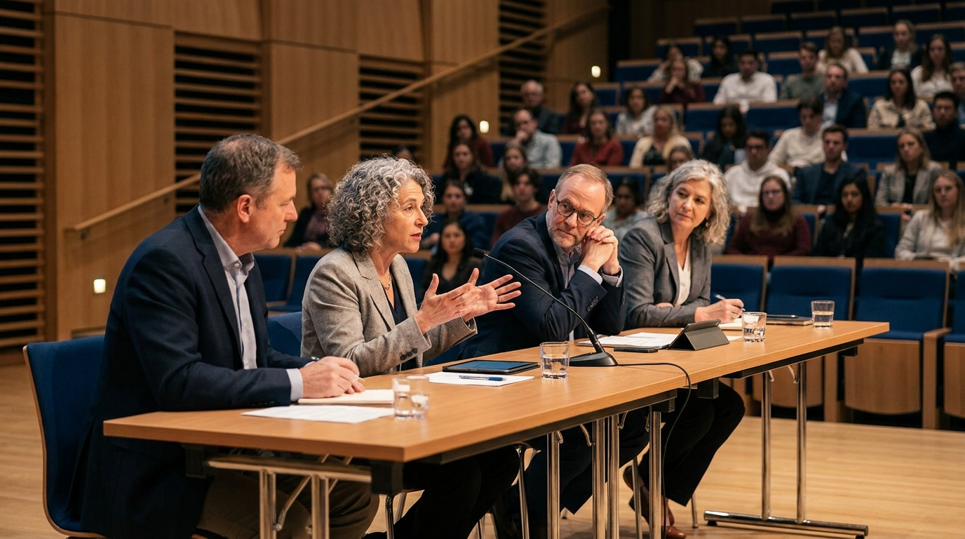 Painel de discussão acadêmica em auditório de universidade moderna com quatro palestrantes em debate profissional