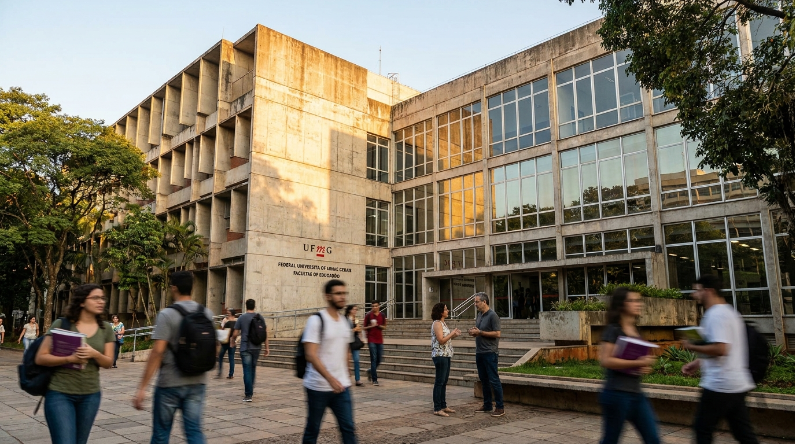 Um grupo de estudantes caminhando e conversando em frente aos prédios de arquitetura brutalista da Faculdade de Educação da UFMG, sob a luz dourada do fim da tarde.