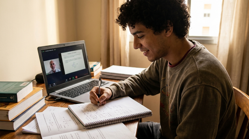 menino se preparando para o vestibular da unb fazendo aulas particulares online e com uma espressão de felicidade e confiança