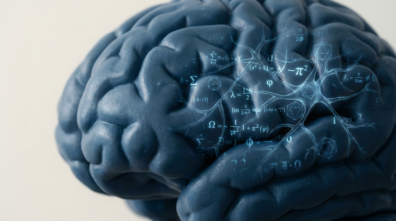 Cérebro azul com sinapses iluminadas e símbolos matemáticos; close-up conceitual de neurociência e lógica.