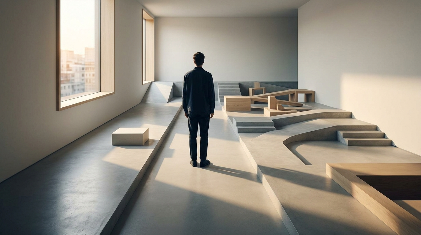 Pessoa em corredor minimalista decidindo entre caminho simples ou complexo com obstáculos e arquitetura moderna
