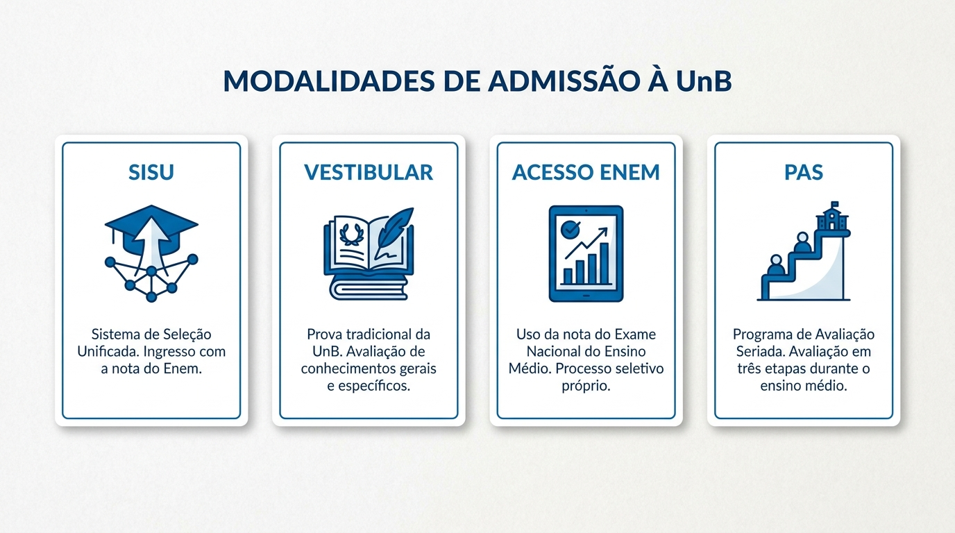  Infográfico estático e sofisticado mostrando quatro ícones ou cards representando as quatro modalidades de ingresso da UnB: Sisu, Vestibular, Acesso Enem e PAS. Design limpo e moderno, com cores institucionais (azul e branco). Cada card deve ter um símbolo distintivo. Fundo claro e profissional. Sem elementos animados. Proporção 16:9. Estilo editorial profissional.