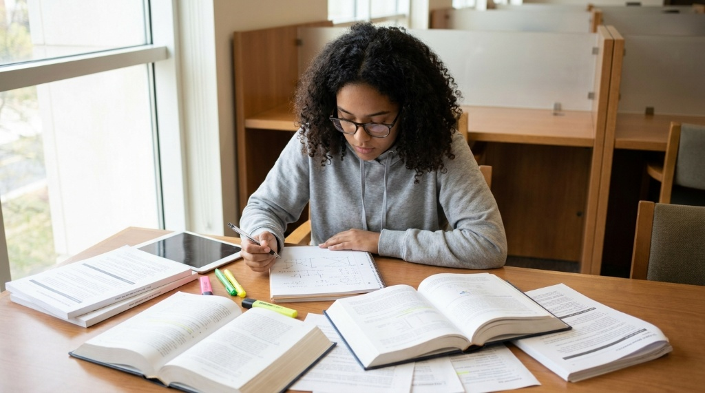 Uma jovem de cabelos cacheados e óculos, usando um moletom cinza, está sentada em uma mesa de madeira em uma biblioteca, concentrada escrevendo em um caderno. Há vários livros abertos, folhas com gráficos e um tablet espalhados ao redor