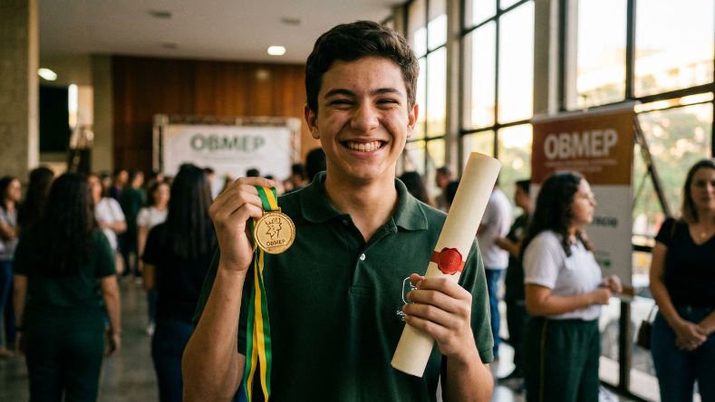 Fotografia editorial realista de um estudante brasileiro recebendo uma medalha em uma cerimônia acadêmica de matemática. Adolescente sorrindo discretamente, segurando uma medalha dourada e um certificado. Ao fundo, ambiente escolar ou universitário elegante, com outros estudantes desfocados. Iluminação natural e sofisticada, estética documental premium, sensação de conquista acadêmica, sem textos legíveis, sem logotipos, sem marcas d'água, proporção 16:9.