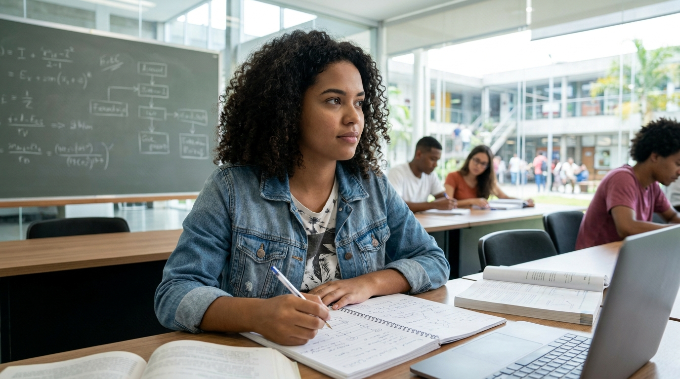 Fotografia editorial realista de um jovem universitário brasileiro em uma licenciatura, sentado em uma sala de aula moderna com caderno aberto e materiais de estudo. Ao fundo, um quadro branco apresenta discretamente fórmulas matemáticas e elementos relacionados à educação. O estudante demonstra concentração e expectativa positiva sobre o futuro profissional. Ambiente universitário brasileiro contemporâneo, iluminação natural, estética premium, documental e cinematográfica, sem textos legíveis, sem logotipos, sem marcas d'água, proporção 16:9
