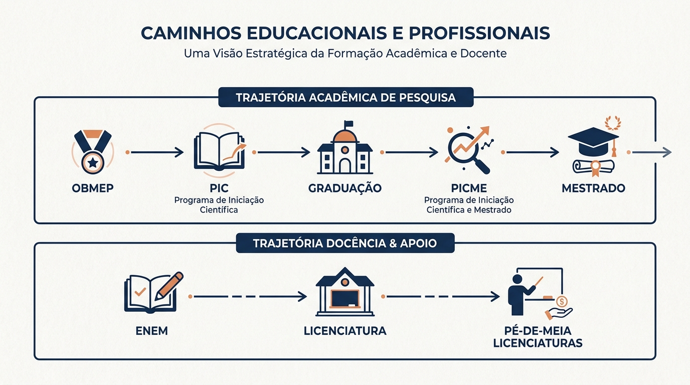 Infográfico editorial premium mostrando uma trajetória acadêmica em formato de linha do tempo: OBMEP → PIC → graduação → PICME → mestrado. Em uma segunda trilha, mostrar Enem → licenciatura → Pé-de-Meia Licenciaturas. Usar ícones minimalistas de medalha, livro, universidade, pesquisa e carreira docente. Paleta inspirada em azul-marinho, branco e pequenos detalhes em laranja, visual sofisticado e educacional, tipografia limpa, fundo claro, sem personagens, sem logotipos, sem excesso de elementos, proporção 16:9.