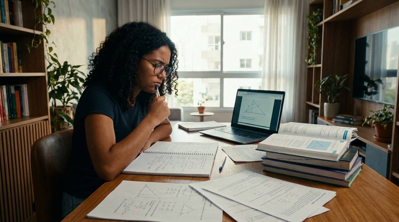 Fotografia editorial realista de um estudante brasileiro adolescente estudando para uma olimpíada de matemática em casa. Mesa organizada com caderno repleto de exercícios, livros de matemática, folhas de provas anteriores e um notebook. O estudante está resolvendo um problema com expressão concentrada. Ambiente contemporâneo, iluminação natural de janela, estética cinematográfica premium, sensação de disciplina e preparação acadêmica, sem textos legíveis, sem logotipos, sem marcas d'água, proporção 16:9.