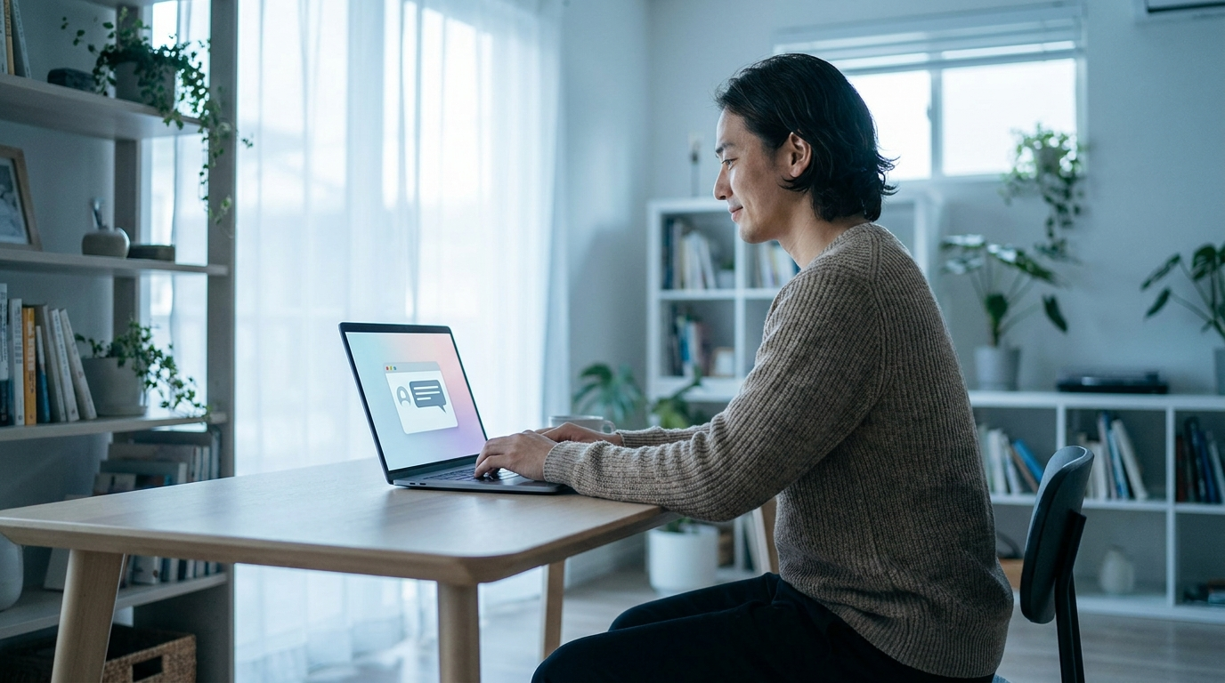 Pessoa usa chat de IA no notebook em home office moderno e iluminado, unindo tecnologia e produtividade digital.