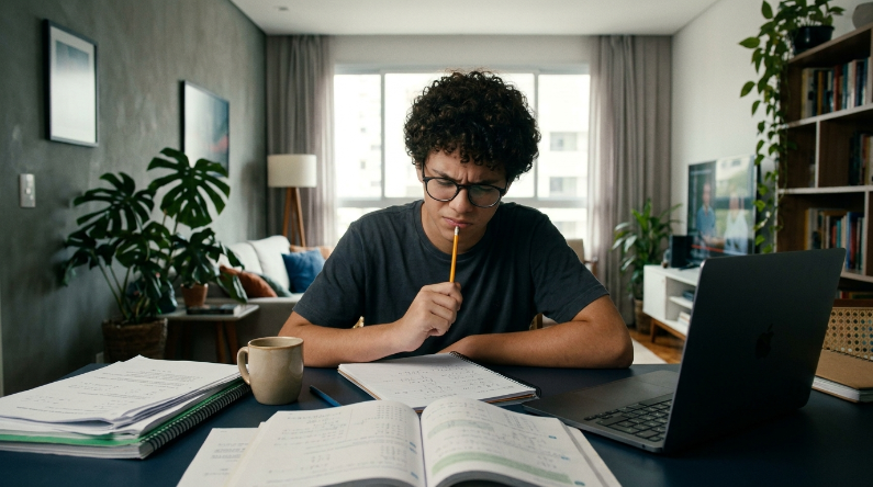 um estudante brasileiro adolescente estudando para uma olimpíada de matemática em casa. Mesa organizada com caderno repleto de exercícios, livros de matemática, folhas de provas anteriores e um notebook. O estudante está resolvendo um problema com expressão concentrada. Ambiente contemporâneo, iluminação natural de janela, estética cinematográfica premium, sensação de disciplina e preparação acadêmica, sem textos legíveis, sem logotipos, sem marcas d'água, proporção 16:9.