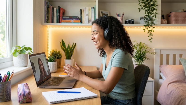 Uma adolescente sorridente interagindo em uma aula online pelo notebook em seu quarto de estudos. Ela usa fones de ouvido modernos e aponta para a tela com expressão de entusiasmo e clareza, sugerindo o momento em que a dúvida foi resolvida por um tutor online. O ambiente é jovem, organizado, com decoração sutil e iluminação agradável.