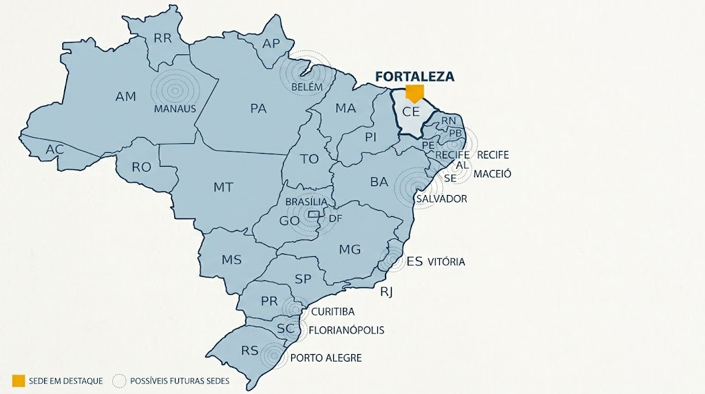 Mapa estilizado do Brasil com Fortaleza em destaque (em #f5b000) e outras cidades (como Belém, Salvador, Recife, Brasília, Manaus) indicadas com círculos pontilhados, sugerindo possíveis futuras sedes. Estilo editorial minimalista, cores institucionais (azul e #F5b000), linhas limpas (16:9)