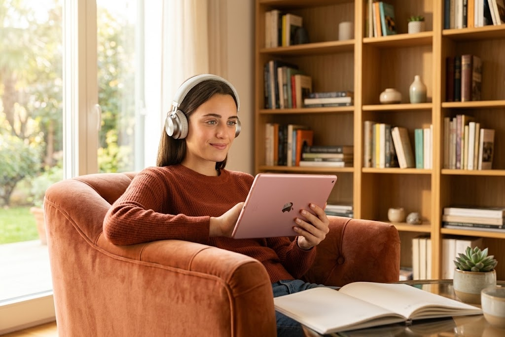 fotografia editorial realista, estilo cinematográfico premium. Uma pessoa jovem sentada em uma poltrona confortável em uma sala iluminada por luz natural, usando fones de ouvido over-ear. Olhar confiante e focado, com um leve sorriso de satisfação. Ao fundo, uma estante com livros e um notebook aberto. Ambiente doméstico acolhedor e organizado.