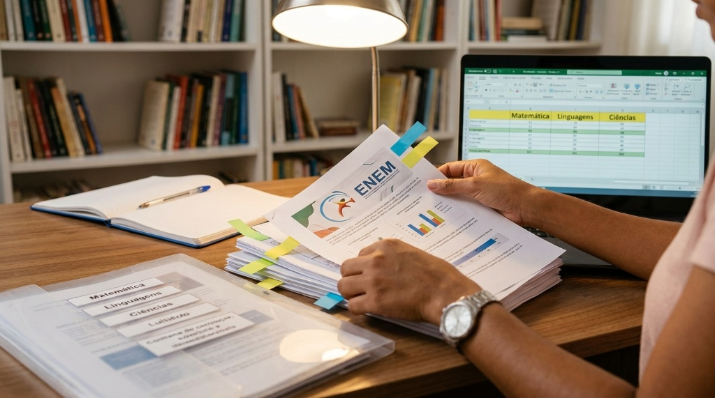Uma pessoa com relógio de pulso está sentada em uma mesa de madeira, segurando folhas de documentos impressos com o logotipo do ENEM e gráficos analíticos. Há um laptop aberto ao fundo exibindo planilhas e estantes com livros.
