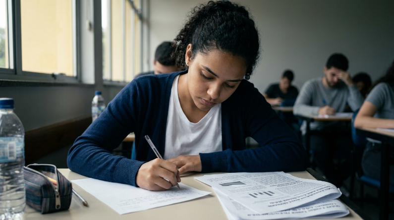 Uma jovem mulher de cabelos cacheados, usando uma blusa azul escuro sobre uma camiseta branca, está sentada em uma sala de aula, concentrada escrevendo em uma folha de prova. Outros estudantes aparecem ao fundo e uma garrafa d'água está à esquerda.