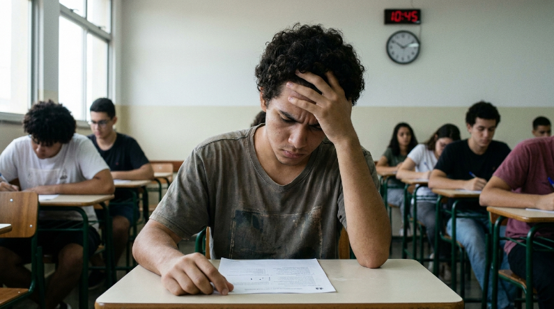 Um estudante com cabelos cacheados, vestindo uma camiseta cinza, está sentado em uma sala de aula e segura a cabeça com a mão, demonstrando preocupação enquanto olha para a prova à sua frente. Outros alunos aparecem desfocados ao fundo.