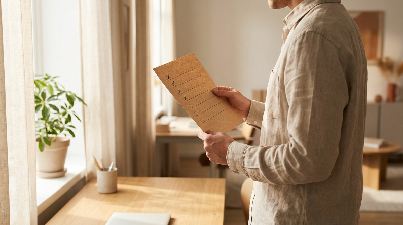 Um homem vestindo uma camisa bege de linho está de pé em um quarto bem iluminado, segurando uma prancheta ou folha de papel com uma lista de tarefas (checklist) marrom. Há uma janela com uma planta em vaso ao fundo.