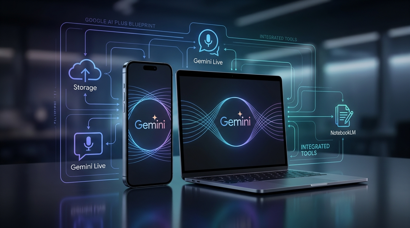 Imagem conceitual realista mostrando um smartphone e um laptop lado a lado, com a tela do Gemini iluminada. Ao redor, ícones sutis representando os benefícios: nuvem (armazenamento), chat (Gemini Live), documento (NotebookLM). A imagem deve transmitir a ideia de