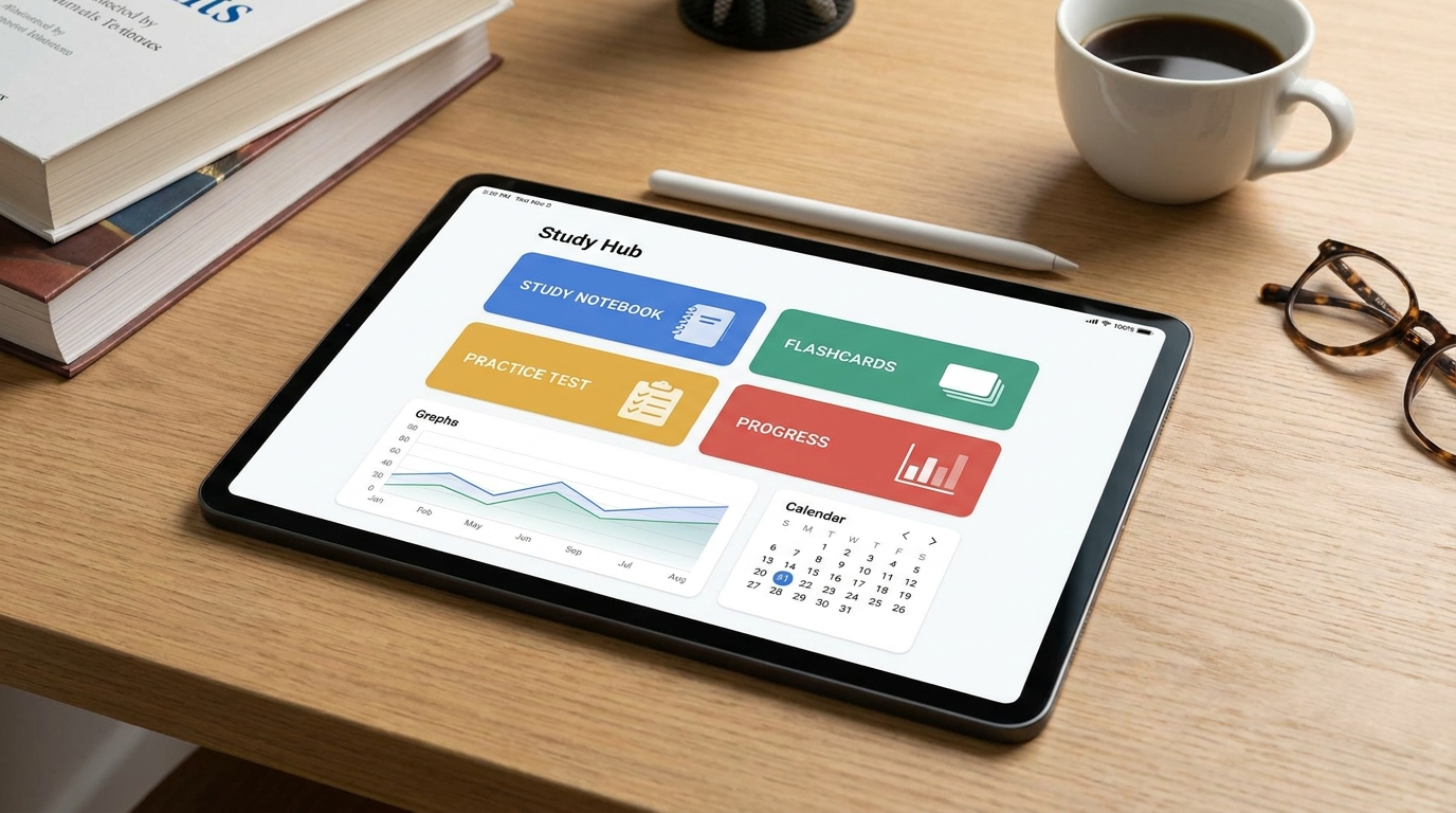 Imagem conceitual realista mostrando uma interface de hub de estudos em um tablet ou laptop, com elementos como