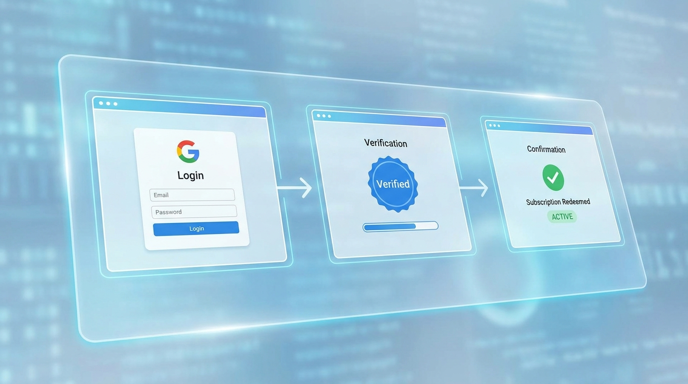 Imagem conceitual realista mostrando um caminho ou fluxo digital com etapas: uma tela de login, uma tela de verificação (com um selo de