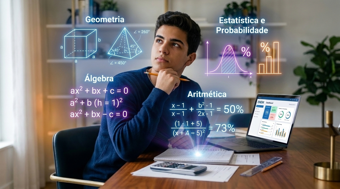 nfografia editorial estática profissional, sofisticada e minimalista representando visualmente os principais campos da Matemática cobrados no ENEM: matemática básica, estatística, geometria espacial, funções e geometria plana.