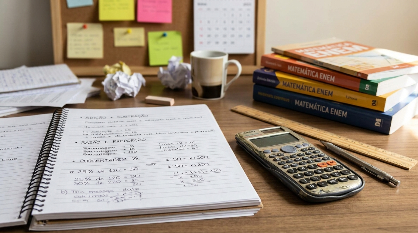 Fotografia editorial realista e conceitual de uma sessão de estudo de Matemática voltada para o ENEM, mostrando uma mesa organizada com materiais que representam diferentes aplicações da matemática básica no cotidiano. Em primeiro plano, caderno aberto com cálculos manuscritos naturais e discretos, porcentagens, proporções e operações matemáticas sem qualquer texto digital artificial; ao lado, uma calculadora simples, régua, lápis,