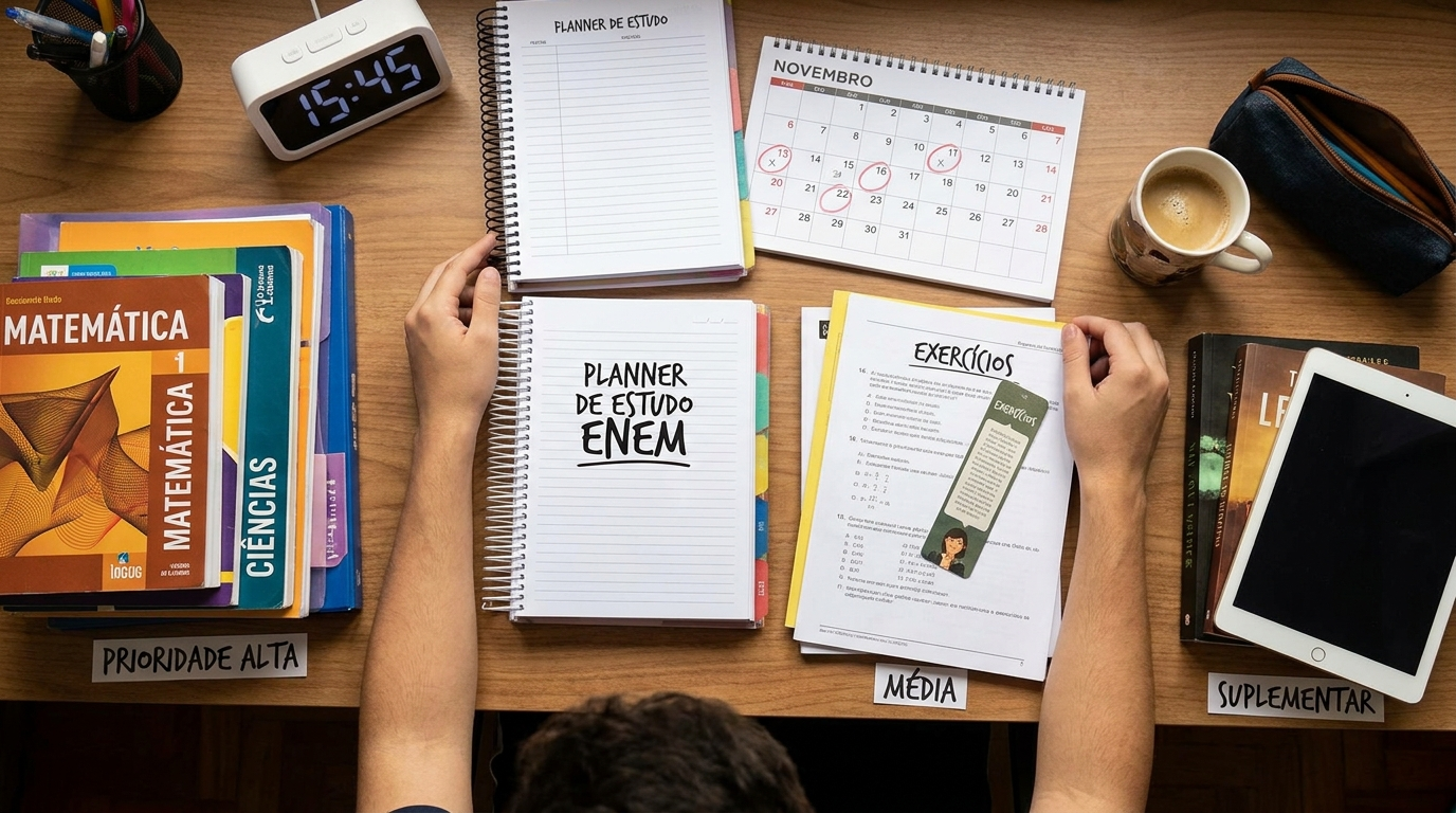 Imagem conceitual editorial realista, com estética cinematográfica premium, representando visualmente um estudante organizando uma estratégia de estudos para o ENEM. Cena vista em perspectiva levemente superior, mostrando uma mesa cuidadosamente organizada com um cronograma de estudos físico, cadernos de Matemática, folhas de exercícios, calendário, marcador de páginas, relógio e diferentes pilhas de materiais organizadas visualmente em níveis de prioridade, do mais importante ao complementar.