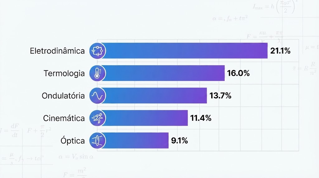 infográfico mostrando qual dos conteúdos, mais caem no enem. a lista do gráfico é: Eletrodinâmica com 21.1%, Termologia com 16%, Ondulatória com 13.7, Cinemática 11.4 e Óptica com 9.1%