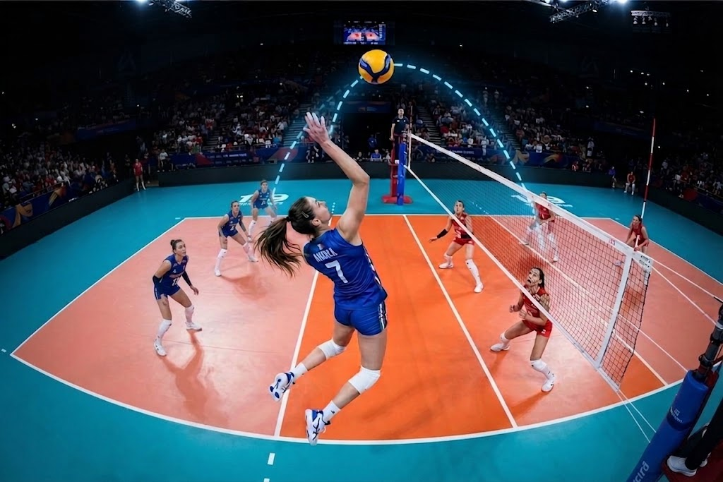 partida de volei com o traçado da trajetória da bola, fazendo referência com o lançamento oblíquo.