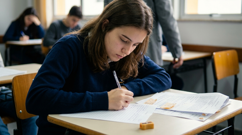 memina em sala de aula realizando exercícios de Física