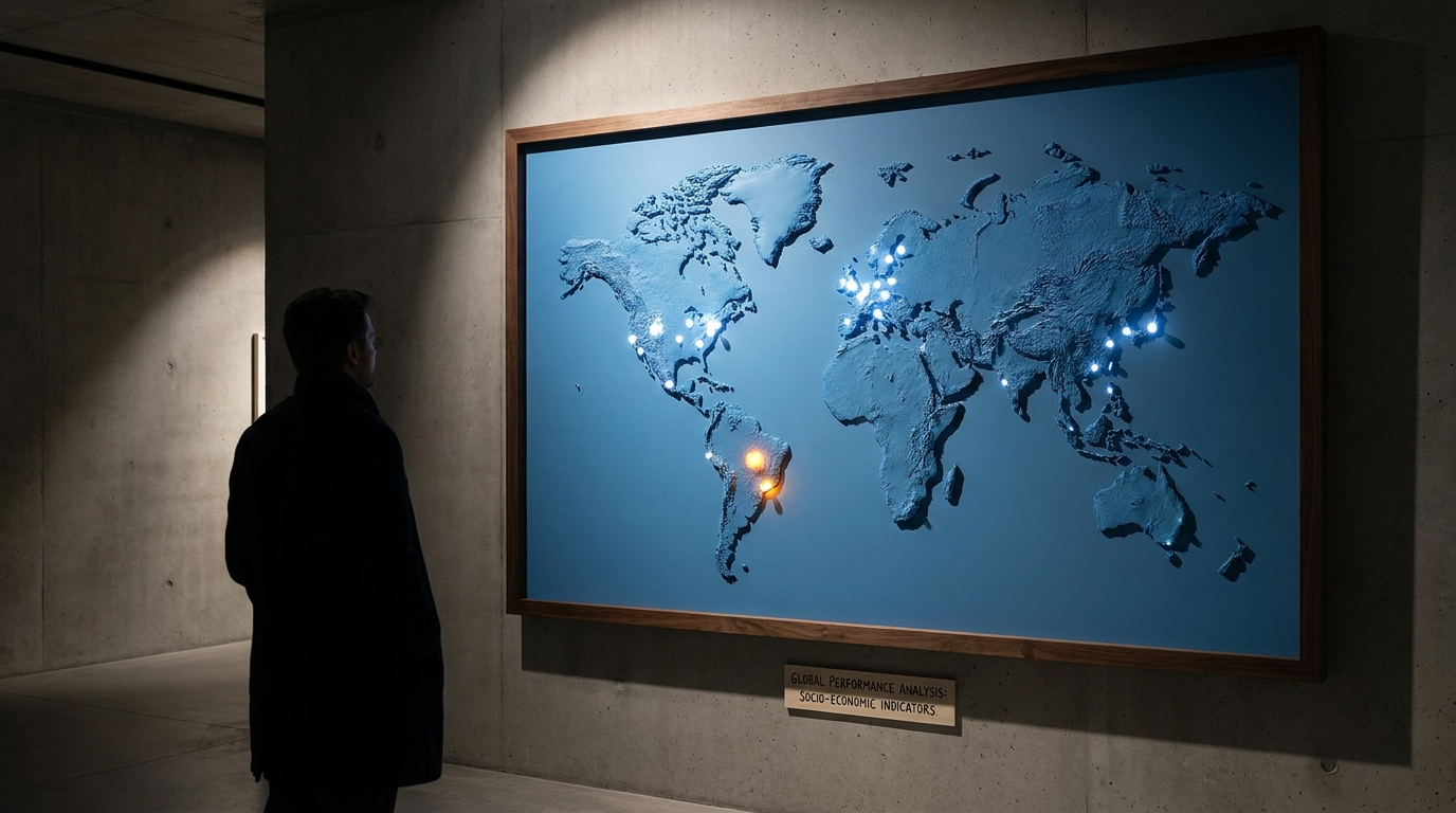 Mapa-múndi azul com dados: Brasil em âmbar abaixo da média OCDE em branco; análise editorial de performance global.