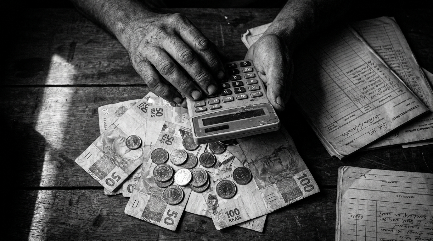 Mãos com calculadora sobre notas de Real e moedas brasileiras, destacando planejamento financeiro e crise econômica.