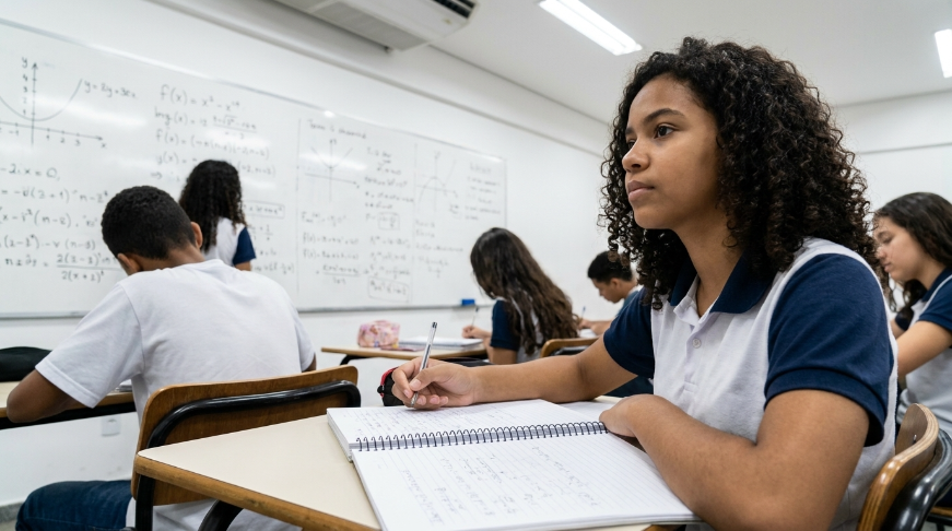 Uma jovem estudante negra de cabelos cacheados, vestindo uniforme escolar branco e azul, está sentada em sua carteira em uma sala de aula, concentrada enquanto escreve em um caderno espiral. Ao fundo, outros alunos e uma lousa coberta de fórmulas matemáticas completam o ambiente