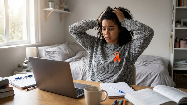 Fotografia editorial realista de uma jovem brasileira que possui TDAH (CID F90) sentada à mesa em seu quarto, cercada por cadernos e um laptop. ela usa o broche da imagem TDAH, olha para a tela do computador com expressão de preocupação e frustração, mãos apoiadas na cabeça. Luz natural entrando pela janela, ambiente doméstico organizado mas com sinais de cansaço.