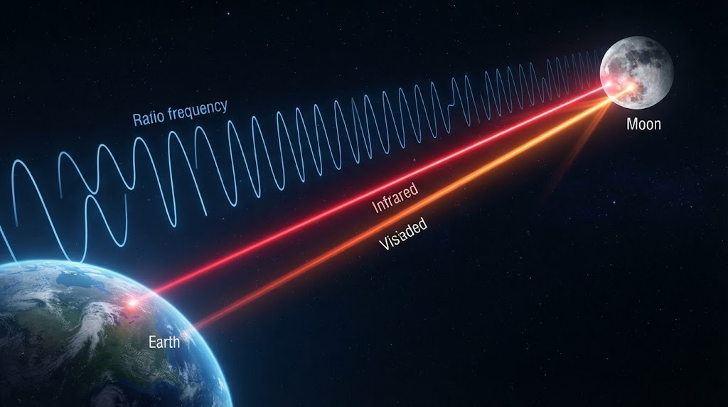 Uma ilustração espacial mostrando a Terra à esquerda conectada à Lua à direita por linhas rotuladas como