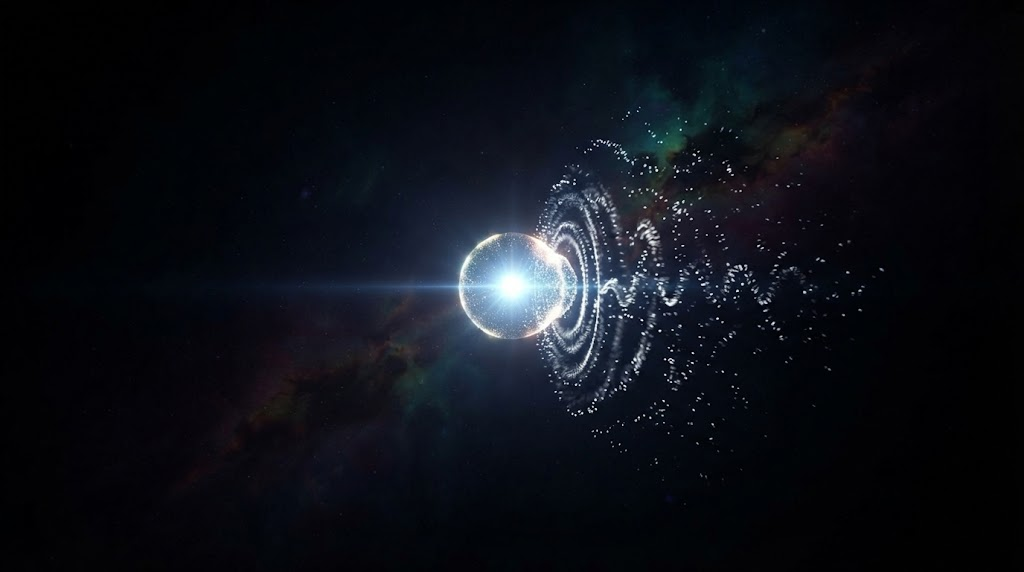 Uma representação artística em espaço sideral escuro focando em um corpo esférico brilhante e luminoso que emite ondas circulares e partículas de poeira cósmica em direção ao fundo.