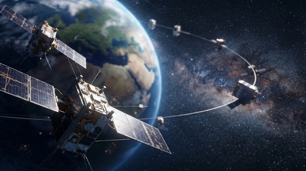 Uma vista panorâmica do espaço sideral destacando satélites artificiais detalhados com painéis solares orbitando a Terra, tendo a Via Láctea visível ao fundo.