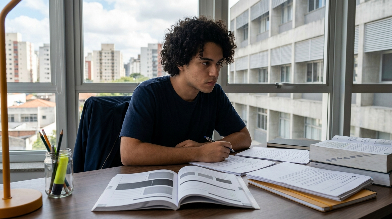Fotografia editorial cinematográfica, hiper-realista, horizontal 1200x628px, representando um estudante brasileiro de aproximadamente 17 a 22 anos em preparação intensa para o ENEM. O estudante está sentado em uma mesa de estudos contemporânea, concentrado diante de um conjunto organizado de materiais: caderno de exercícios, folhas de prova, livros, lápis, marca-texto e notebook. Em uma das folhas há pequenos blocos abstratos de questões e respostas, porém sem qualquer texto ou número legível. Ao fundo, uma janela revela discretamente uma paisagem urbana brasileira e uma instituição universitária moderna, sugerindo o objetivo de ingresso no ensino superior. A composição deve transmitir ambição acadêmica, concentração, preparação estratégica e busca por alto desempenho. Iluminação natural cinematográfica entrando lateralmente pela janela, com sombras suaves e profundidade de campo moderada. Paleta visual sofisticada integrada à identidade da Aulas Online Senra: azul-marinho profundo, branco, cinza e pequenos detalhes em amarelo-alaranjado. Enquadramento horizontal premium, estética de capa de revista educacional, composição limpa, sofisticada e aspiracional. O estudante deve parecer genuinamente concentrado, sem pose publicitária. Não inserir qualquer texto, números, fórmulas legíveis, logotipos, marcas d'água ou símbolos de instituições. Sem aparência de banco de imagens genérico, sem cartoon, sem desenho, sem personagens animados, sem emojis, sem stickers, sem estética infantil. Realismo fotográfico elevado.