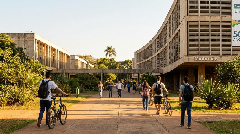 Um estudante empurrando uma bicicleta caminha por uma alameda do campus da Universidade de Brasília (UnB) ao pôr do sol. Outros estudantes caminham e andam de bicicleta ao longo do caminho, com os edifícios de concreto da UnB e vegetação ao fundo. O letreiro